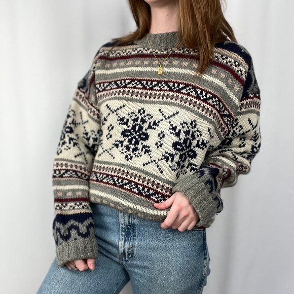 Vintage Nordic Fair Isle Wool Oversized Knit Crew Neck Grandpa Fisherman Sweater - Picture 6 of 8